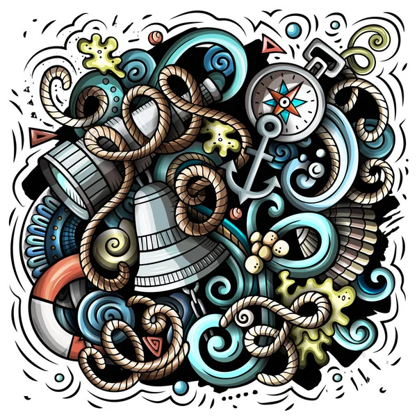 航海漫画栅格插图 五颜六色的详细的组成与许多海洋的物体和符号 所有项目都是分开的 — 图库照片