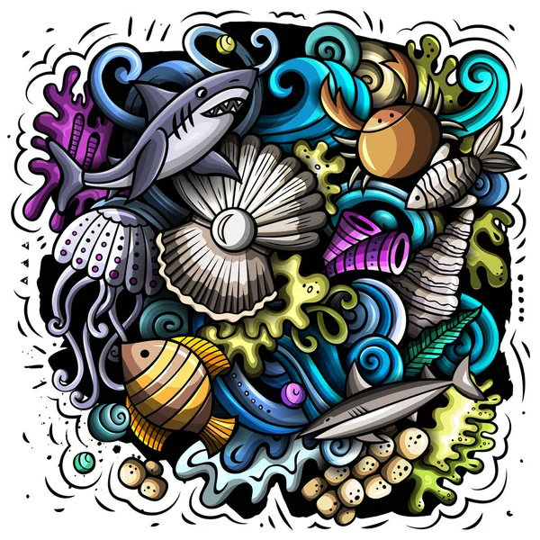 Sea Life cartoon raster illustration. Colorful detailed composition with lot of Uderwater World objects and symbols. All items are separate