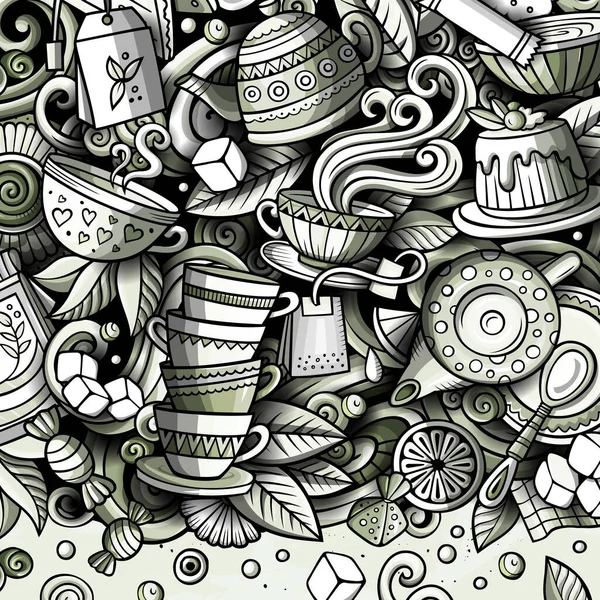 Cartoon Raster Doodles Tea Time Frame Monochrome Detailed Lots Objects — Zdjęcie stockowe