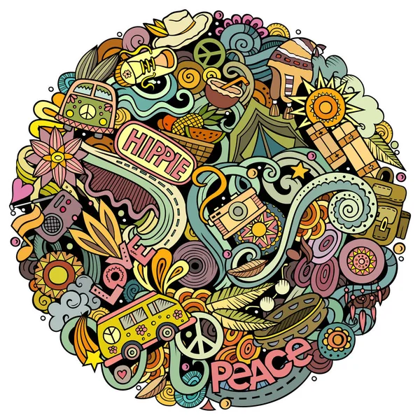 Hippie Mano Disegnato Vettoriale Scarabocchi Illustrazione Rotonda Disegno Poster Hippy — Vettoriale Stock