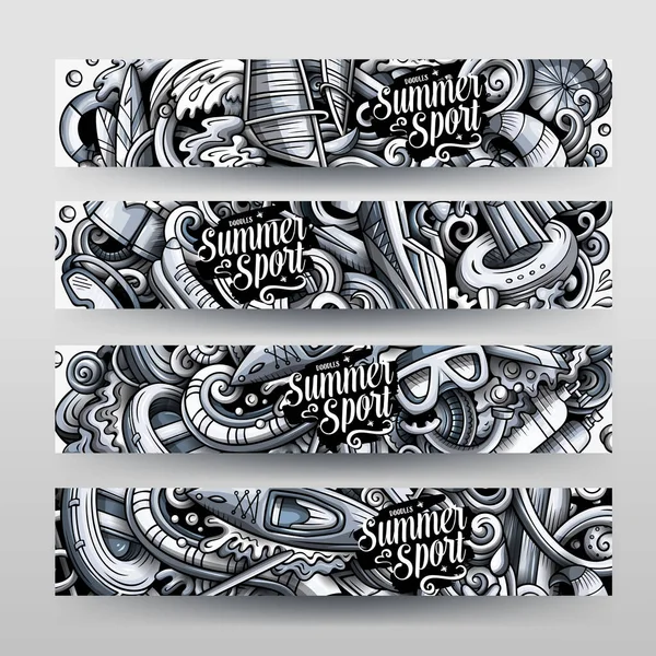 Water Sports Vector Hand Drawn Doodle Banners Design Monochrome Cartoon — Stock Vector