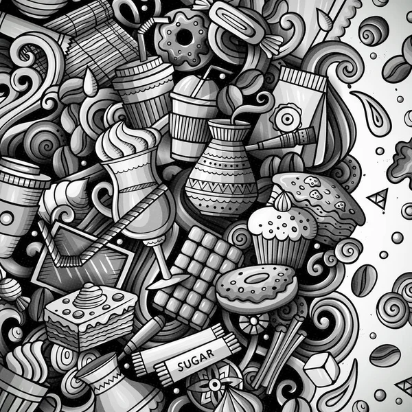 Cartoon Vector Doodles Coffee Frame Graphic Detailed Lots Objects Background — Vetor de Stock