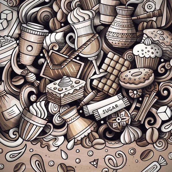Cartoon Vector Doodles Moldura Café Gráfico Detalhado Com Muitos Objetos — Vetor de Stock