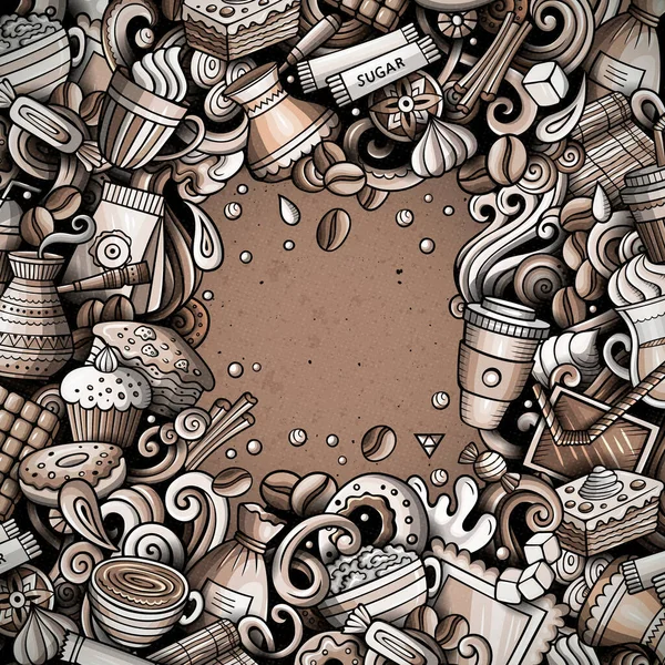 Cartoon Vector Doodles Coffee Frame Graphic Detailed Lots Objects Background — Stock vektor