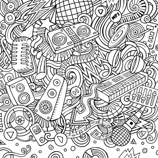 Cartoon Vector Doodles Disco Music Frame Line Art Detailed Lots — Stock Vector