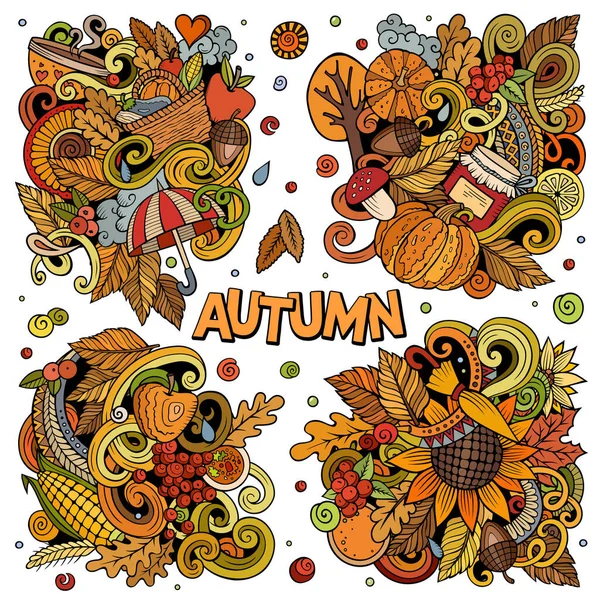Autumn cartoon raster doodle designs set. Colorful detailed compositions with lot of fall objects and symbols.
