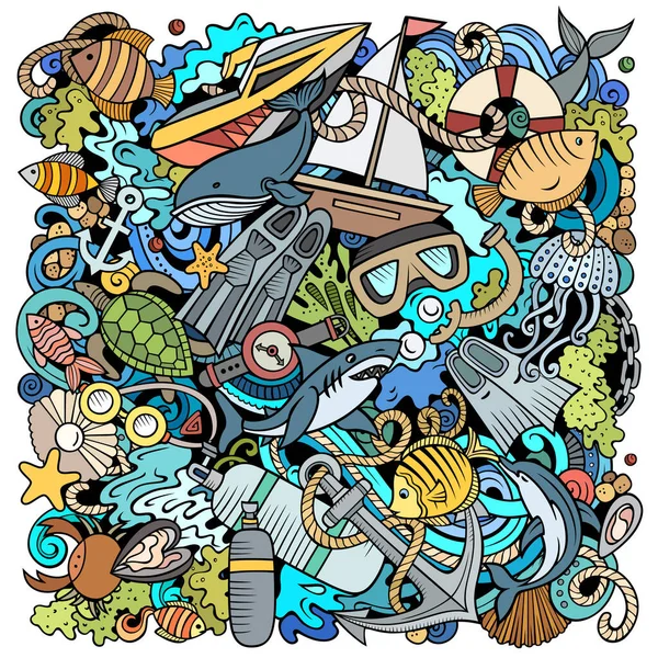 Diving Cartoon Raster Doodles Illustration Dive Poster Design Water Sports — Stockfoto