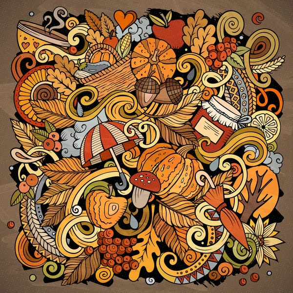 Autumn cartoon raster doodles illustration. Fall poster design. Season elements and objects background. Bright colors funny picture.