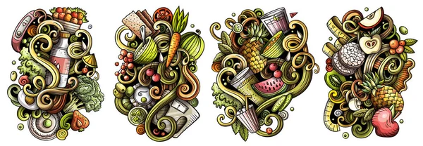 Diet Food Cartoon Raster Doodle Designs Set Colorful Detailed Compositions —  Fotos de Stock