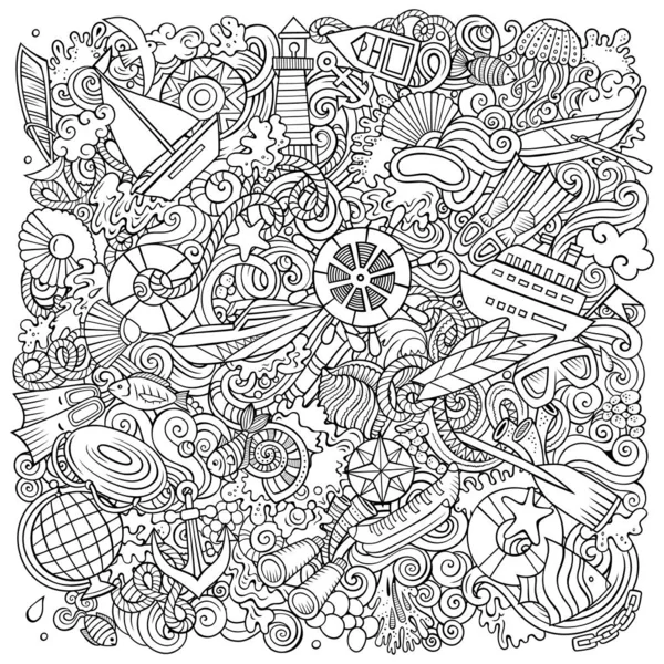 Marine Hand Drawn Raster Doodles Illustration Summer Elements Objects Cartoon — ストック写真