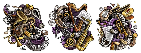 Klasik Müzik Çizgi Filmi Raster Doodle Tasarımları Seti Müzikal Nesneler — Stok fotoğraf