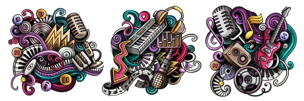 Disco Music Cartoon Raster Doodle Designs Set Colorful Detailed Compositions — 图库照片