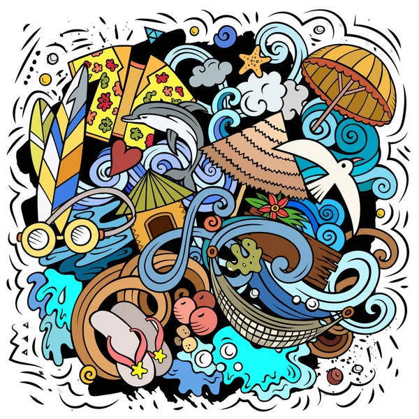 Summer Beach Cartoon Raster Illustration Colorful Detailed Composition Lot Summertime — Stockfoto