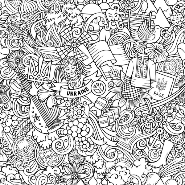 Cartoon doodles Ukraine seamless pattern. Backdrop with local ukrainian culture symbols and items. Line art background for print on fabric, textile, greeting cards, scarves, wallpaper