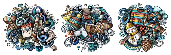 Winter cartoon raster doodle designs set. Colorful detailed compositions with lot of cold season objects and symbols. Isolated on white illustrations
