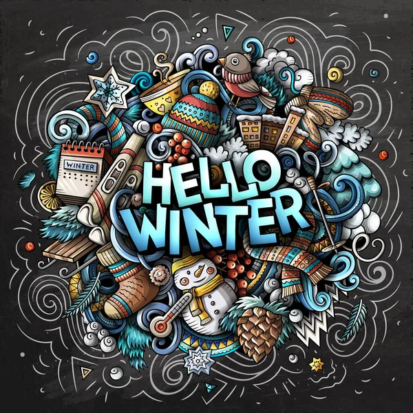Hello Winter hand drawn cartoon doodles illustration. Funny seasonal design. Creative art raster background. Handwritten text with cold season elements and objects. Chalkboard composition