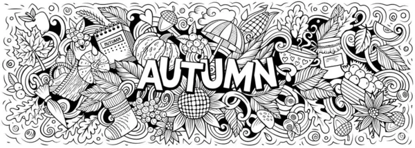 Autumn nature hand drawn cartoon doodle illustration. Funny seasonal design. Creative art raster background. Handwritten text with fall elements and objects. Sketchy composition