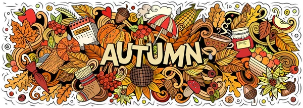 Autumn nature hand drawn cartoon doodle illustration. Funny seasonal design. Creative art raster background. Handwritten text with fall elements and objects. Colorful composition