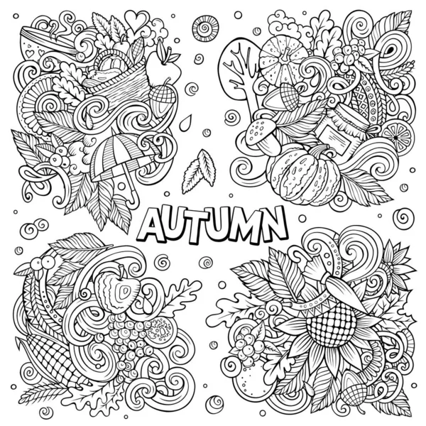 Autumn cartoon raster doodle designs set. Sketchy detailed compositions with lot of fall objects and symbols