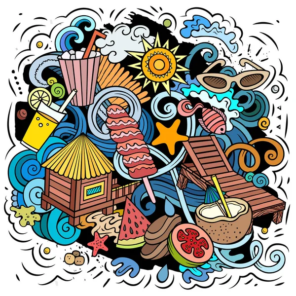 Summer Beach Cartoon Raster Illustration Colorful Detailed Composition Lot Summertime — Zdjęcie stockowe