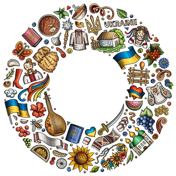 Colorful Raster Set Ukraine Cartoon Doodle Objects Symbols Items Frame — Stock fotografie