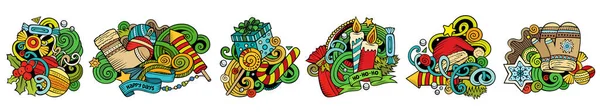 New Year Cartoon Vector Doodle Designs Set Colorful Detailed Compositions — Διανυσματικό Αρχείο