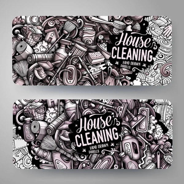 Cleaning Vector Hand Drawn Doodle Banners Design Monochrome Cartoon Background — 图库矢量图片