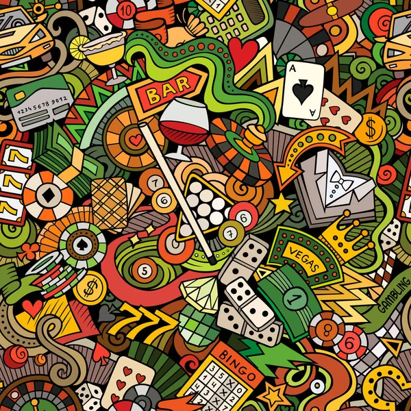 Cartoon Cute Doodles Hand Drawn Casino Seamless Pattern Colorful Detailed — ストックベクタ