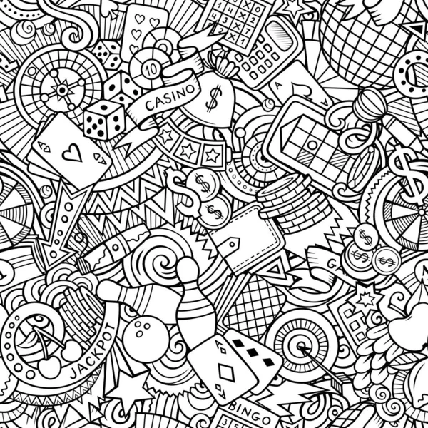 Cartoon Cute Doodles Hand Drawn Casino Seamless Pattern Line Art — 图库矢量图片