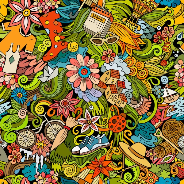 Cartoon Cute Doodles Hand Drawn Spring Seamless Pattern Colorful Detailed — Stockový vektor