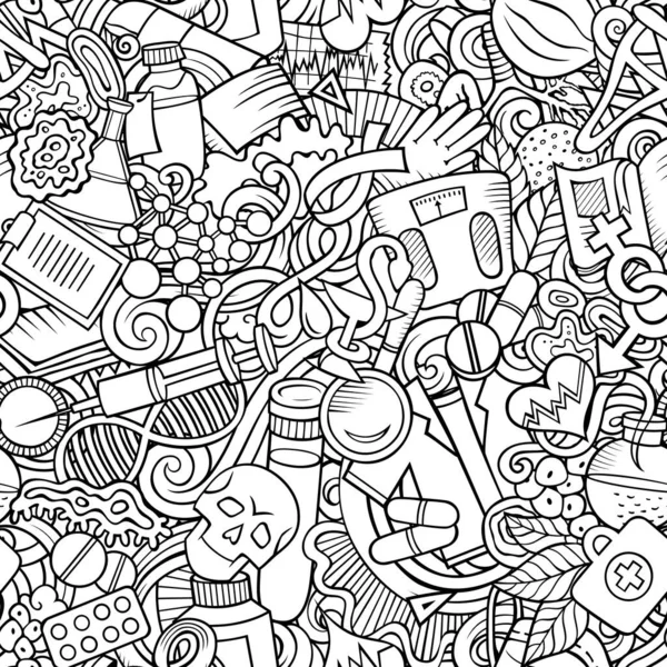 Cartoon Cute Doodles Hand Drawn Medicine Seamless Pattern Sketchy Detailed — Image vectorielle