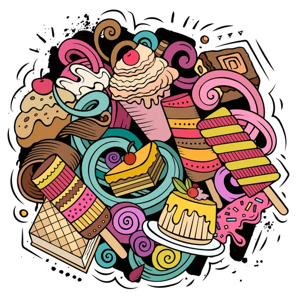 Sweet Food Vector Doodles Illustration Desserts Elements Objects Cartoon Background — 스톡 벡터