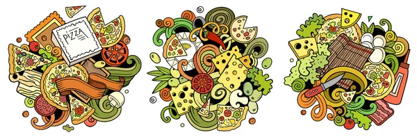 Pizza Cartoon Vektor Doodle Designs Set Bunte Detailkompositionen Mit Vielen — Stockvektor