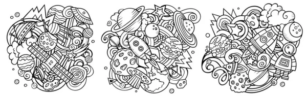 Space Cartoon Vector Doodle Designs Set Sketchy Detailed Compositions Lot —  Vetores de Stock