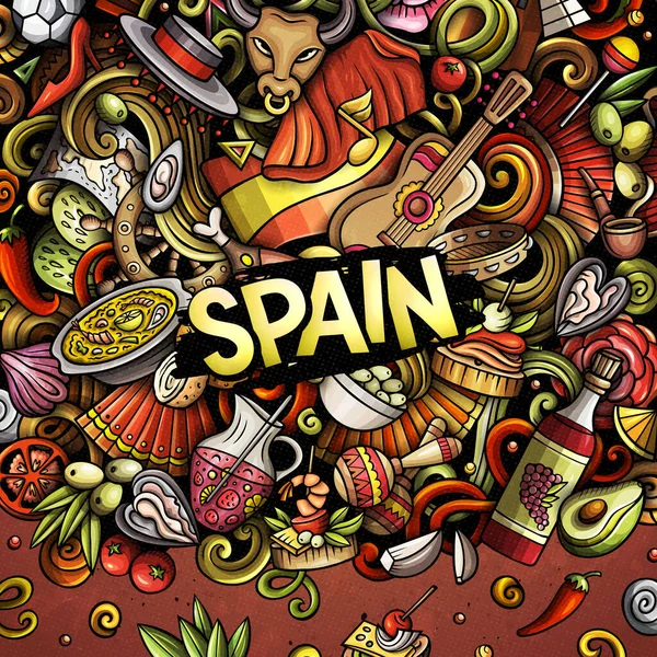 Spain cartoon raster doodles frame. Spanish border design. European elements and objects background. Bright colors funny picture.