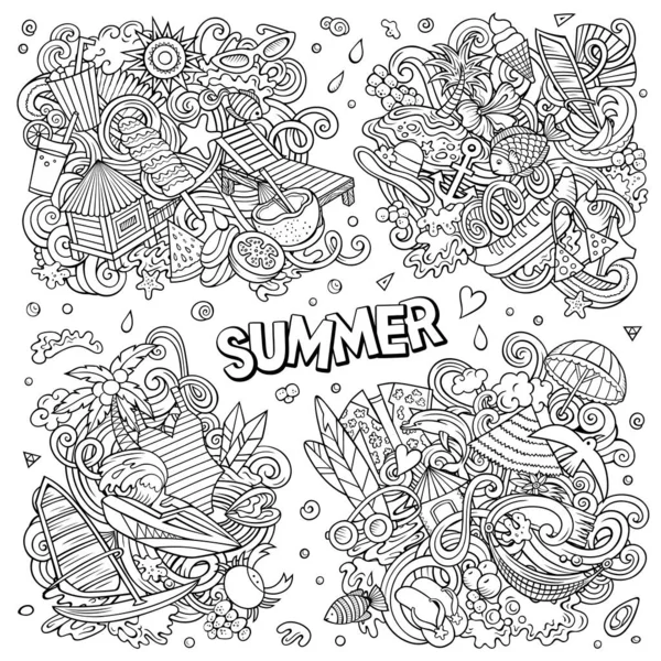 Summer beach cartoon raster doodle designs set. Line art detailed compositions with lot of summertime objects and symbols