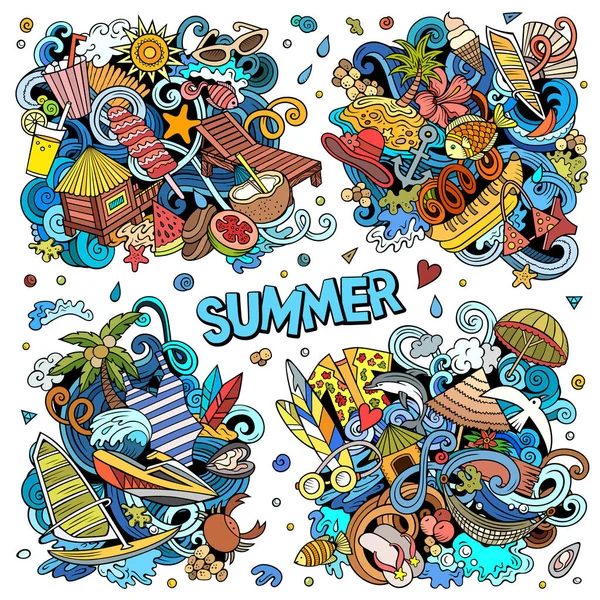 Summer beach cartoon raster doodle designs set. Colorful detailed compositions with lot of summertime objects and symbols