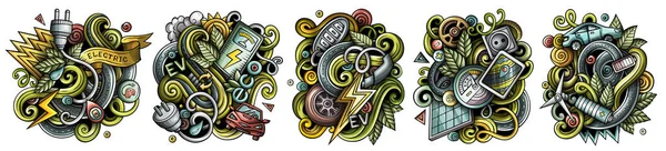 Electric Cars Cartoon Raster Doodle Designs Set Colorful Detailed Compositions — Stockfoto