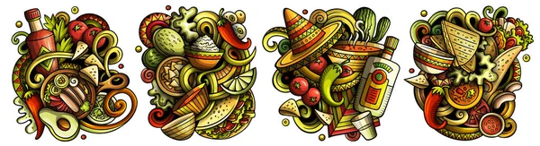 Mexican Food Cartoon Raster Doodle Designs Set Colorful Detailed Compositions — Stok fotoğraf