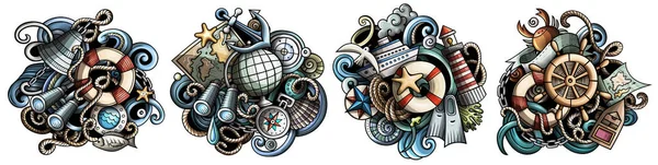 Nautical Cartoon Raster Doodle Designs Set Colorful Detailed Compositions Lot — 图库照片