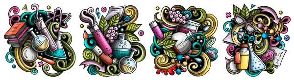 Science cartoon raster doodle designs set. Colorful detailed compositions with lot of scientific objects and symbols. Isolated on white illustrations