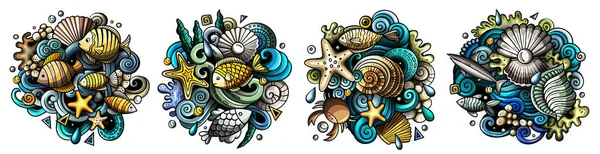 Underwater life cartoon raster doodle designs set. Colorful detailed compositions with lot of sealife objects and symbols. Isolated on white illustrations