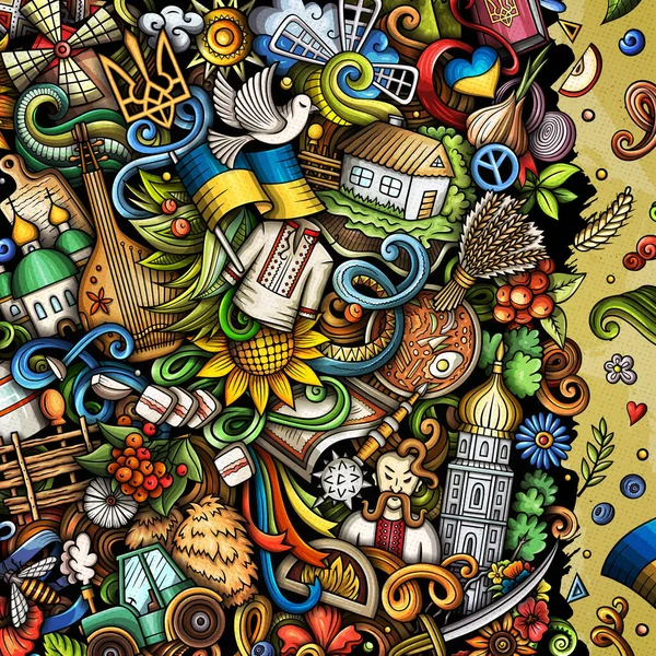 Ukraine Cartoon Raster Doodles Frame Ukrainian Symbols Elements Objects Background — Stockfoto