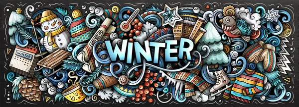 Winter Cartoon Doodle Banner Funny Seasonal Design Creative Art Raster — Stok fotoğraf