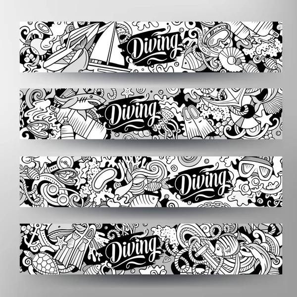 Cartoon Vector Doodle Set Diving Banners Templates Corporate Identity Use — Stock vektor