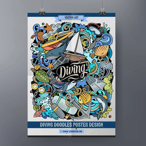 Cartoon Colorful Hand Drawn Doodles Diving Poster Template Very Detailed —  Vetores de Stock