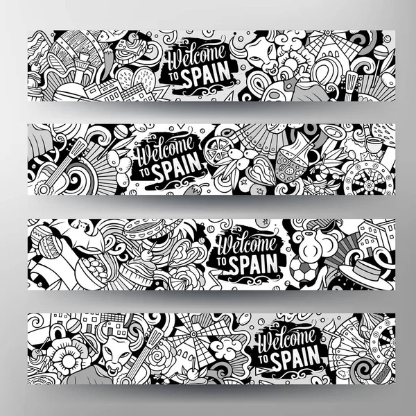 Cartoon Cute Vector Doodles Spain Corporate Identity Horizontal Banners Design — Archivo Imágenes Vectoriales