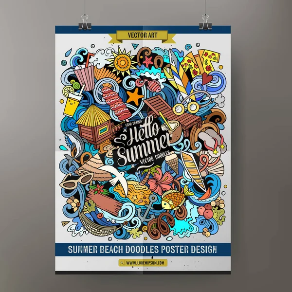 Cartoon Vector Doodle Summer Beach Poster Template Corporate Identity Use — Stock Vector