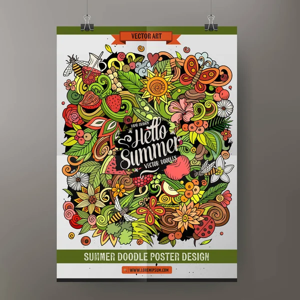 Cartoon Colorful Hand Drawn Doodles Summer Nature Poster Template Very — Stock vektor