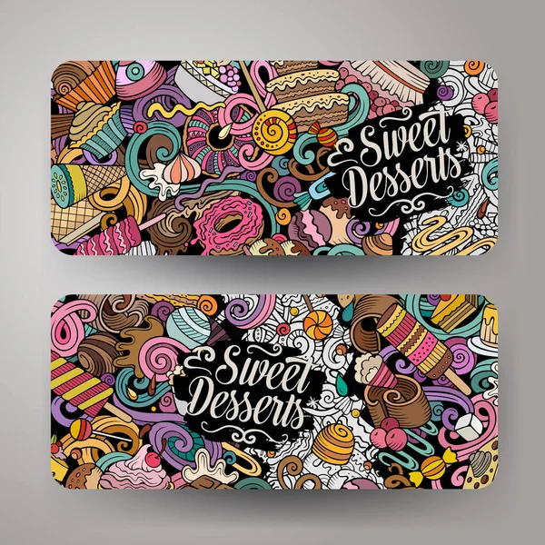 Cartoon Vector Doodle Set Desserts Banners Templates Corporate Identity Use —  Vetores de Stock